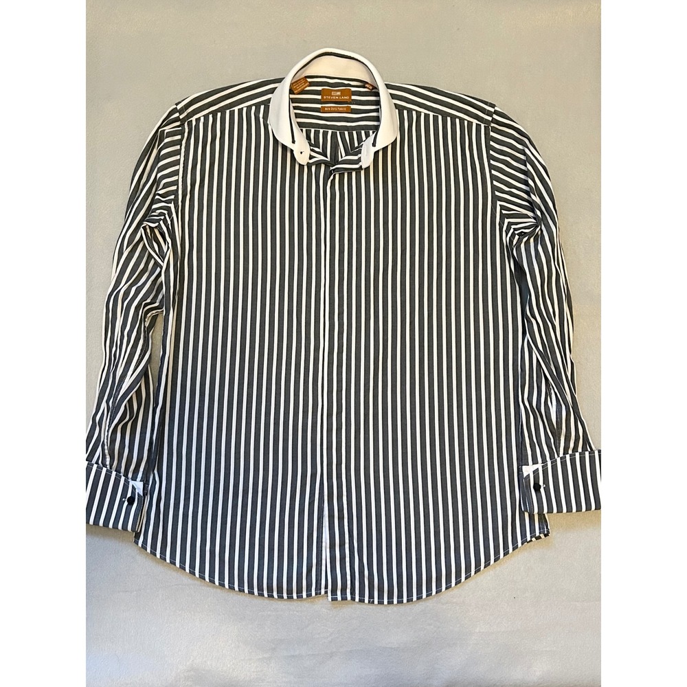 Steven Land Mens Grey White Striped Club Collar Dress Shirt 80s 2-ply 15.5 34/35